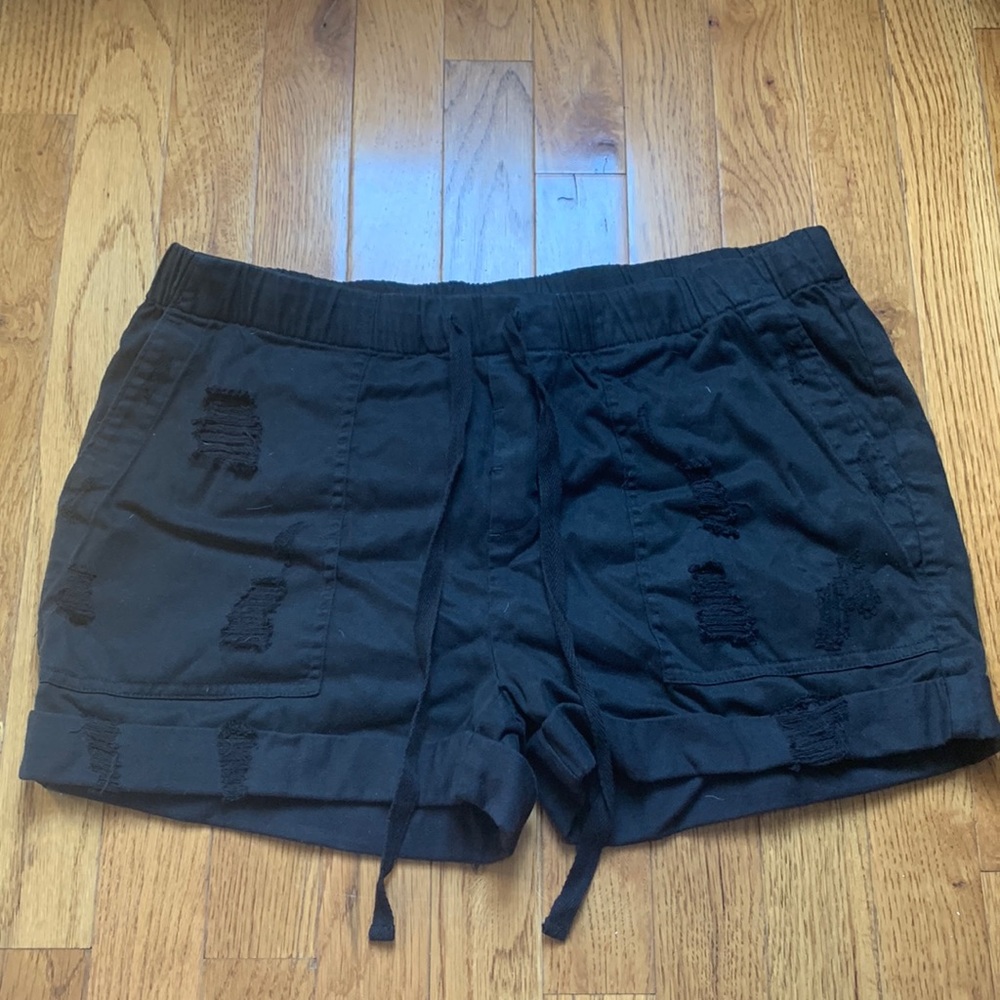 Black Drawstring Distressed Shorts